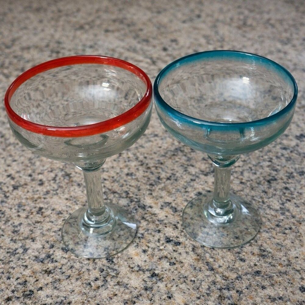 Hand Blown Glass Margarita Glasses – Set of 2 – Red & Teal Rim